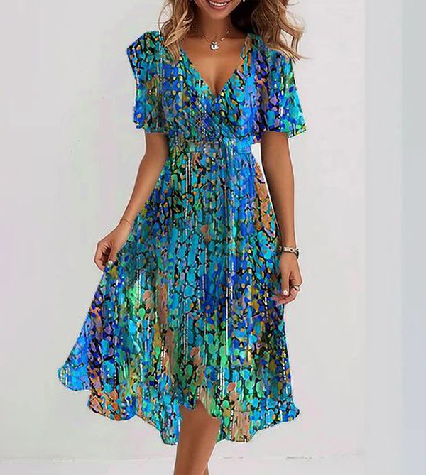 Clara - Blauwe midijurk met korte mouwen