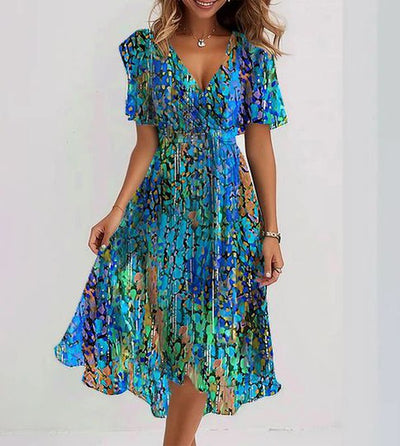 Clara - Blauwe midijurk met korte mouwen