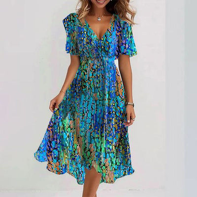 Clara - Blauwe midijurk met korte mouwen