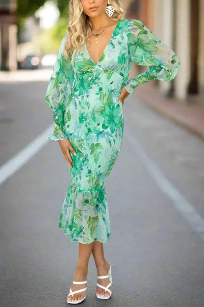 Camellia - Bloemen Ruffle Midi Jurk