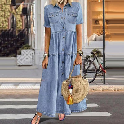 Ariella™ Vintage Denim Stijl Maxi Jurk