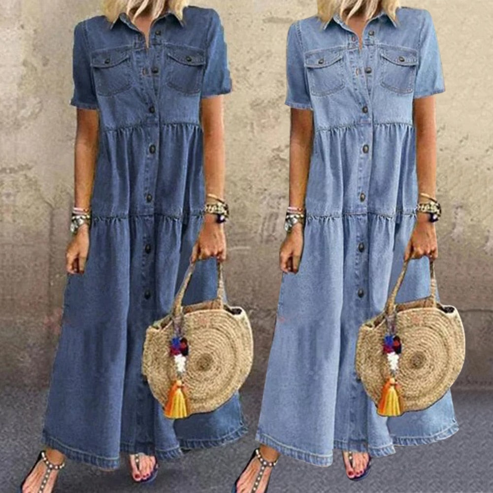 Ariella™ Vintage Denim Stijl Maxi Jurk