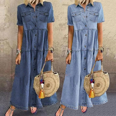 Ariella™ Vintage Denim Stijl Maxi Jurk
