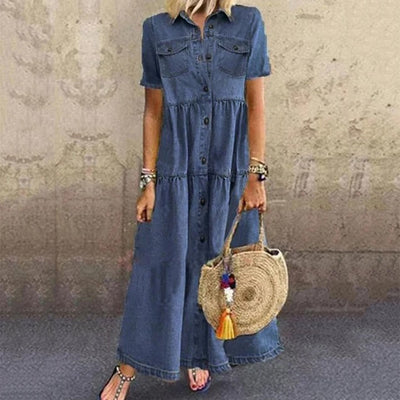 Ariella™ Vintage Denim Stijl Maxi Jurk