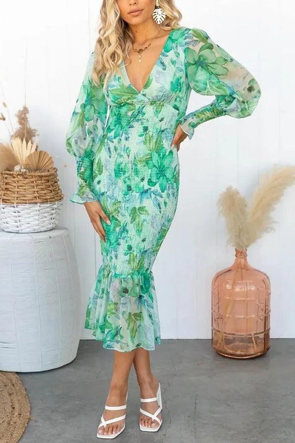 Camellia - Bloemen Ruffle Midi Jurk