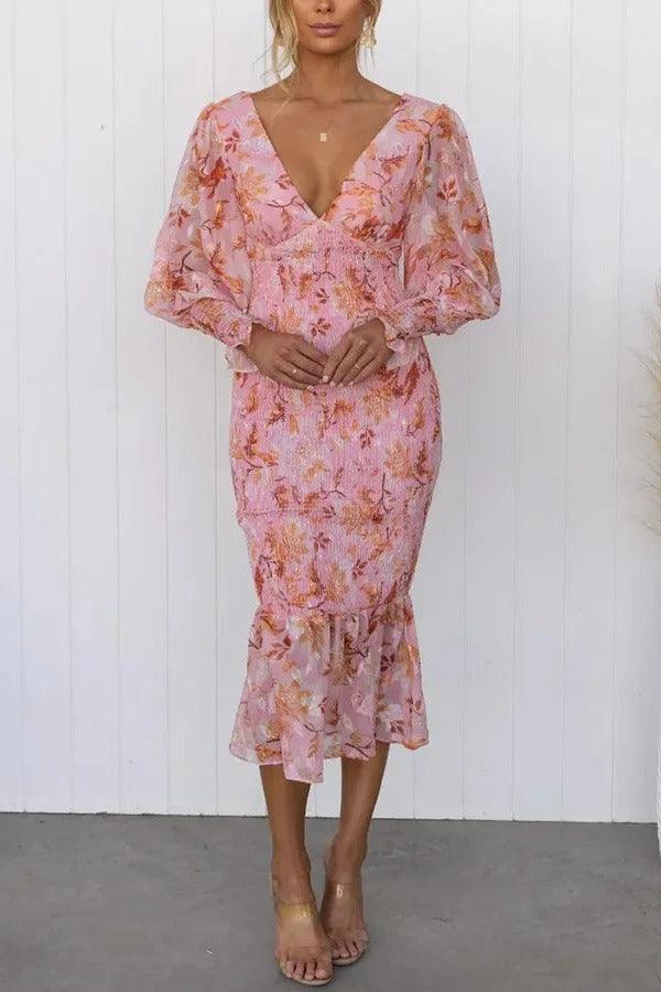 Camellia - Bloemen Ruffle Midi Jurk