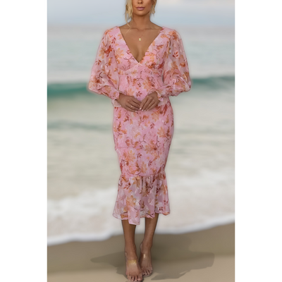 Camellia - Bloemen Ruffle Midi Jurk
